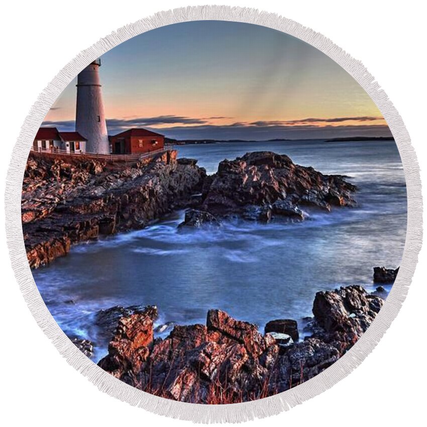 Portland Head Light Round Beach Towel featuring the photograph Sunrise at the Lighthouse by Steve Brown