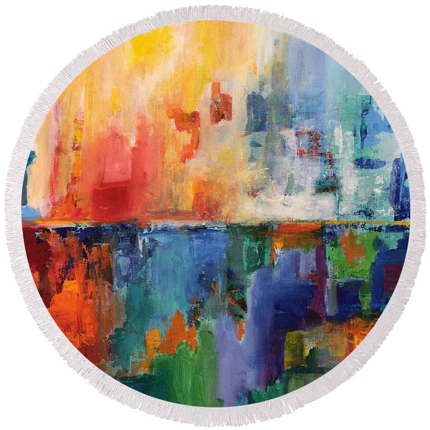 Abstract Round Beach Towel featuring the digital art Sunrise Burst by Linda Bailey