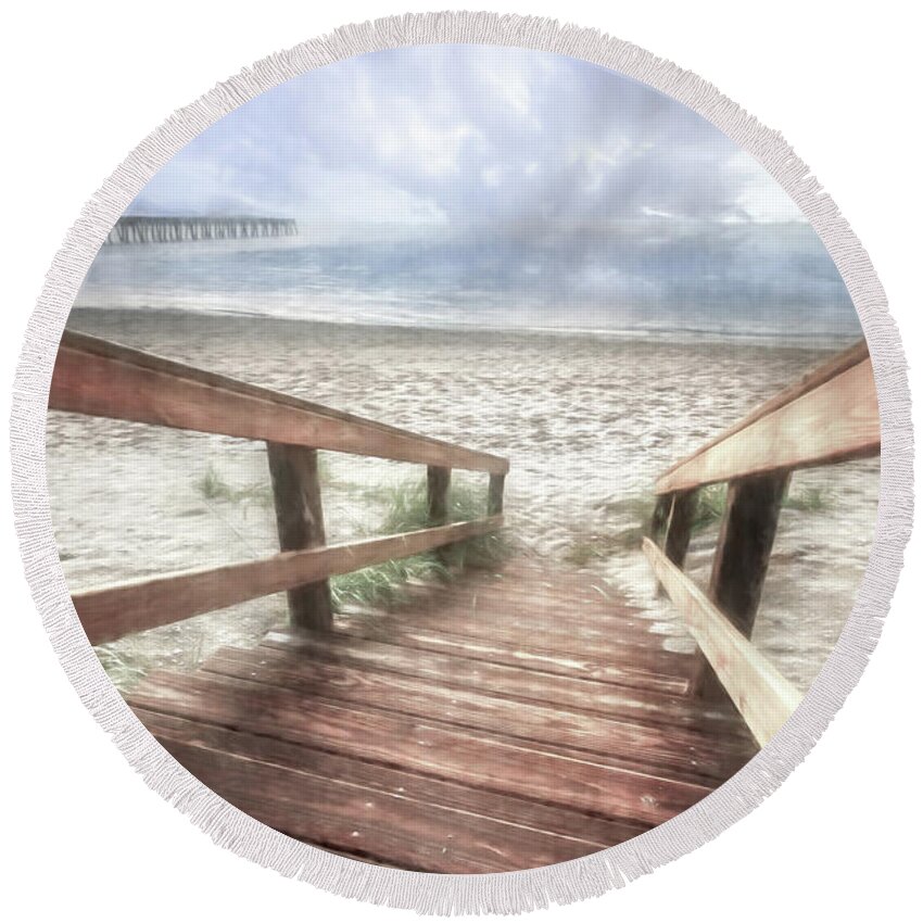 Coastal Round Beach Towel featuring the photograph Sunrise Drama Cottage Watercolor Hues by Debra and Dave Vanderlaan