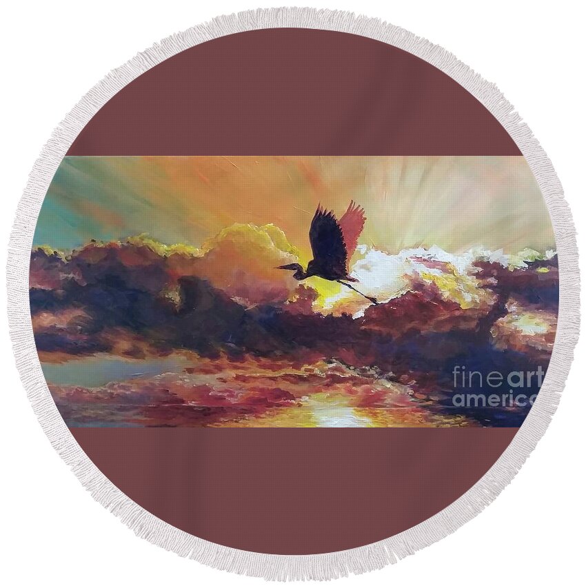 Sunrise Round Beach Towel featuring the painting Sunrise Flight by Merana Cadorette