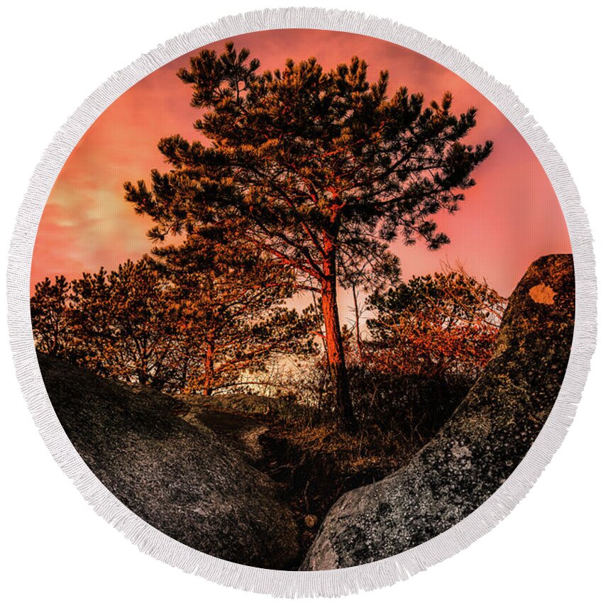 Sunset Mt. Round Beach Towel featuring the photograph Sunrise Light on Sunset Mt., Gloucester MA. by Michael Hubley