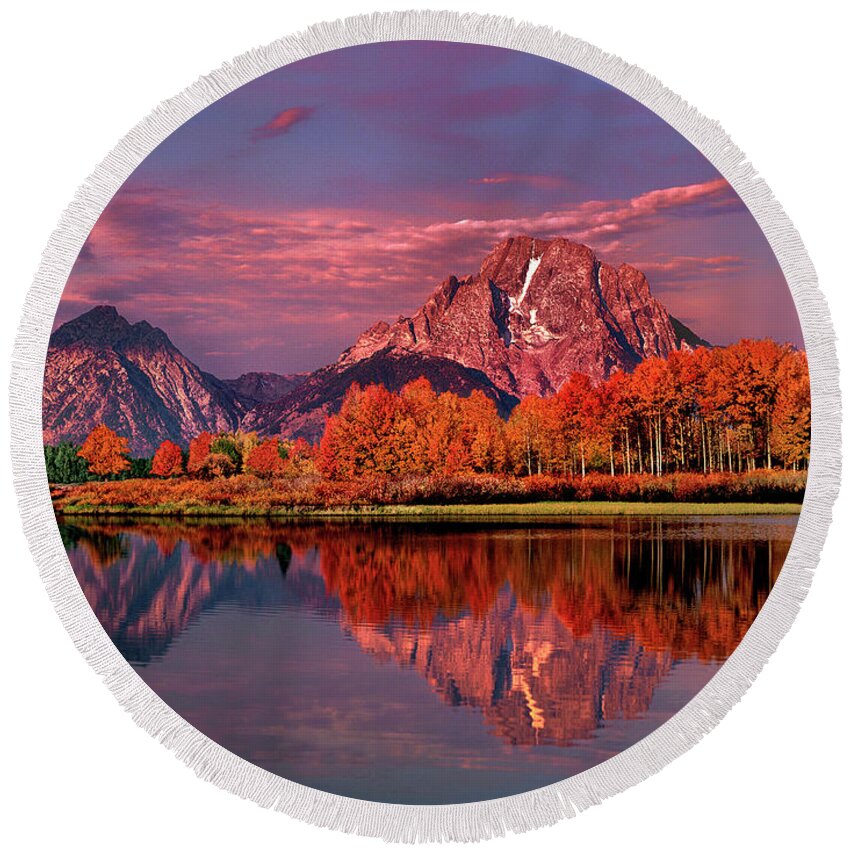 Dave Welling Round Beach Towel featuring the photograph Sunrise Mount Moran Oxbow Bend Grand Tetons Np by Dave Welling
