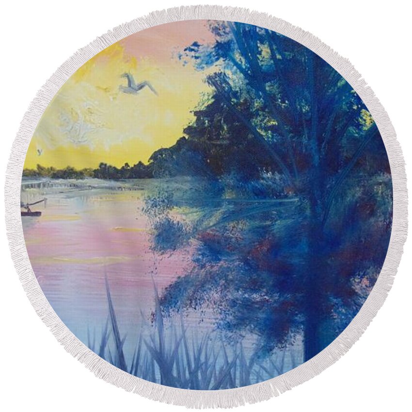 Fisherman Round Beach Towel featuring the painting Sunrise on the Lake by Saundra Johnson