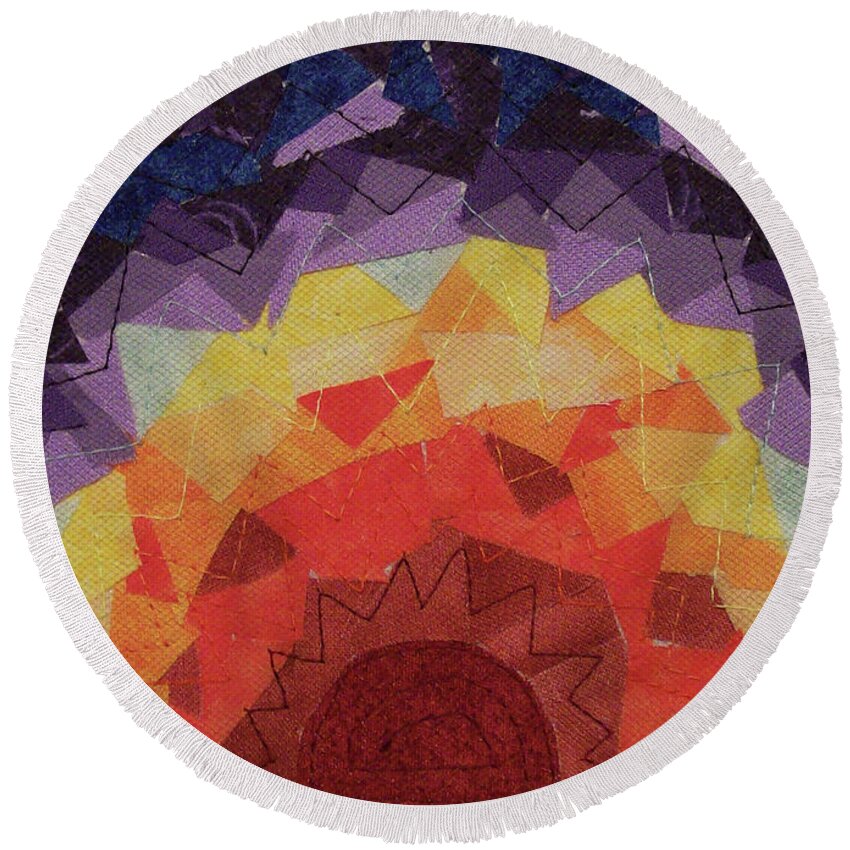 Fiber Art Round Beach Towel featuring the tapestry - textile Sunrise by Pam Geisel