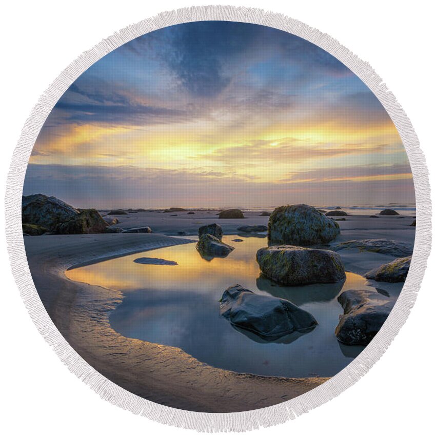 Wells Beach Round Beach Towel featuring the photograph Sunrise Reflections at Wells Beach by Kristen Wilkinson