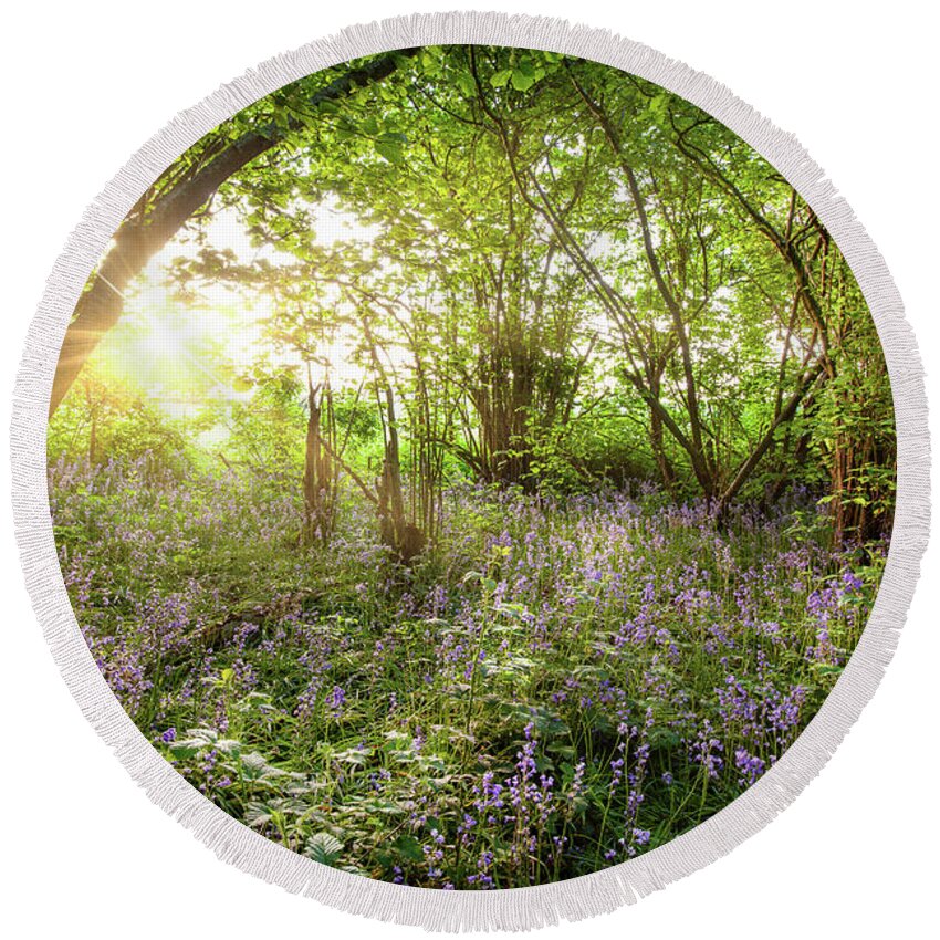 Bluebells Round Beach Towel featuring the photograph Sunrise streaming through bluebell wood in spring by Simon Bratt