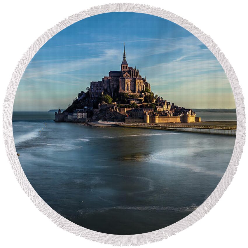 Abbey Round Beach Towel featuring the photograph Sunrise Tide Mont Saint Michel by Dee Potter