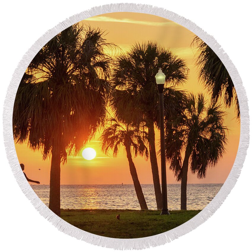Florida Round Beach Towel featuring the photograph Sunrise walker by Marian Tagliarino