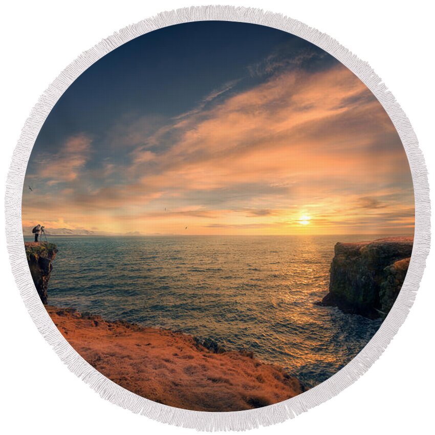 Iceland Round Beach Towel featuring the photograph Sunrise witness by Henry w Liu