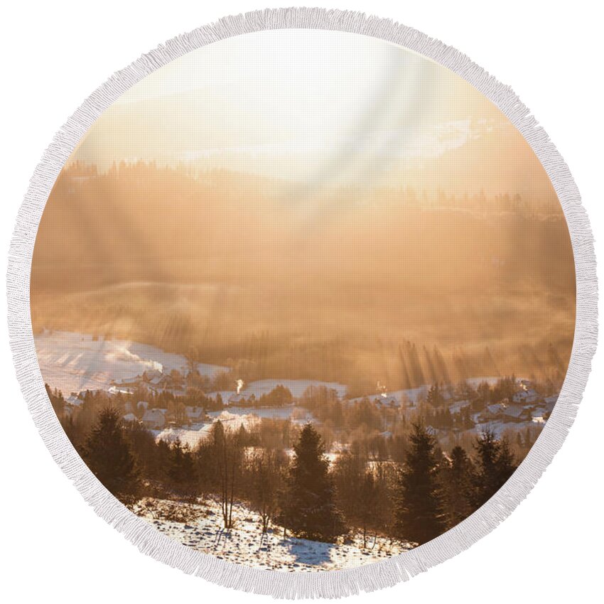 Landscape Round Beach Towel featuring the photograph Sun's rays pass in the morning mist by Vaclav Sonnek