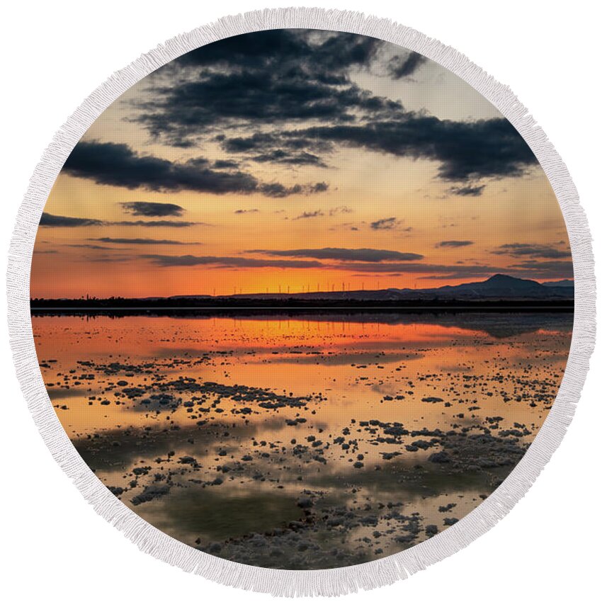 Sunset Round Beach Towel featuring the photograph Sunset and reflections at the lake by Michalakis Ppalis