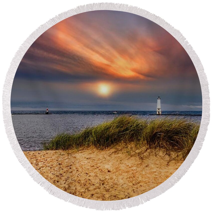 Northernmichigan Round Beach Towel featuring the photograph Sunset at Betsie Harbor Entrance IMG_3653 by Michael Thomas