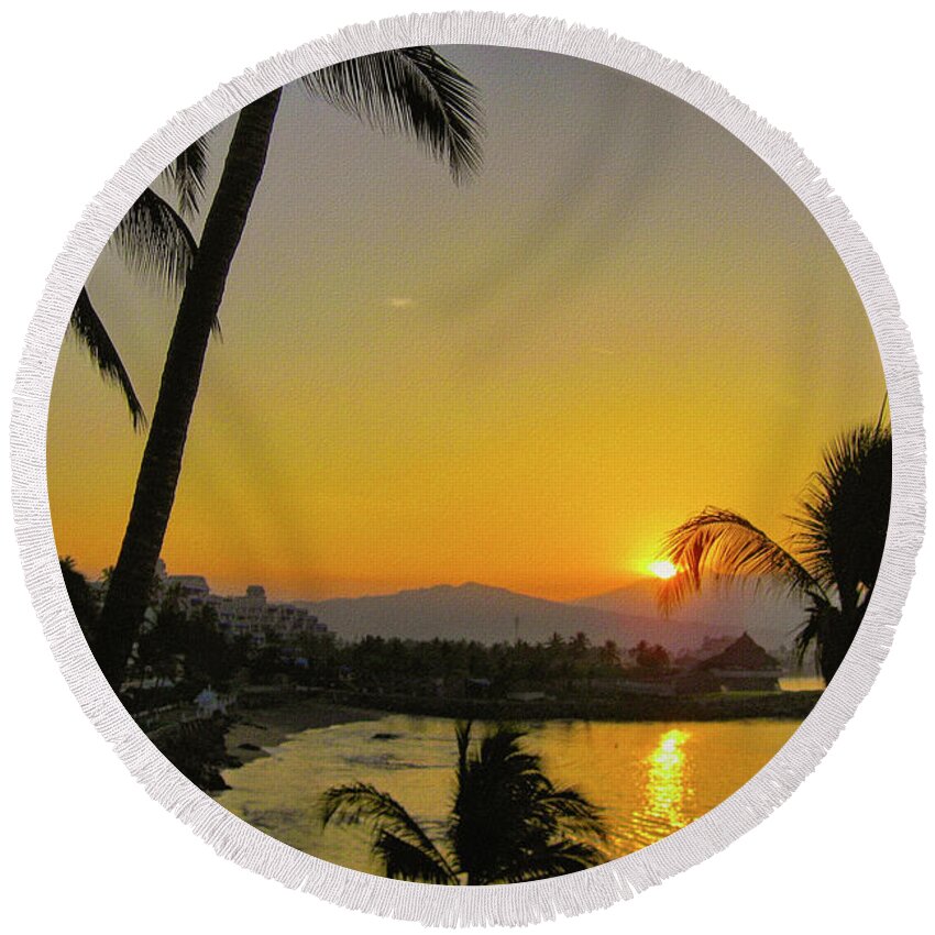 Sunset Round Beach Towel featuring the photograph Sunset at Dolphin Cove Inn, Manzanillo, Mexico by Tatiana Travelways