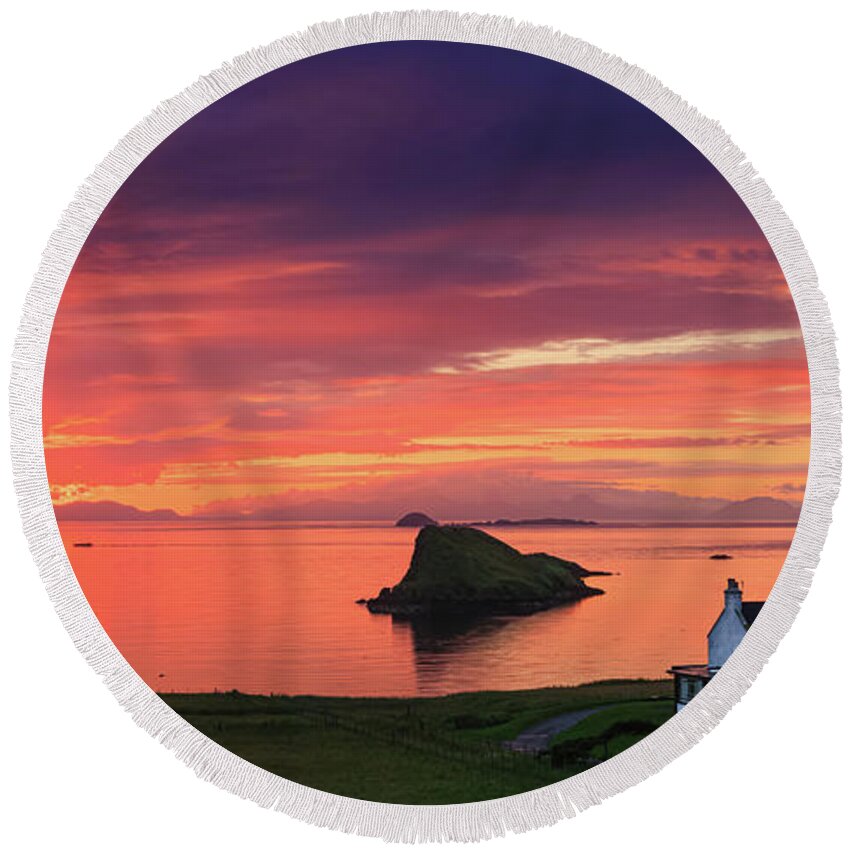 Photography Round Beach Towel featuring the photograph Sunset at Duntulm Castle and Duntulm hotel. by Henk Meijer Photography