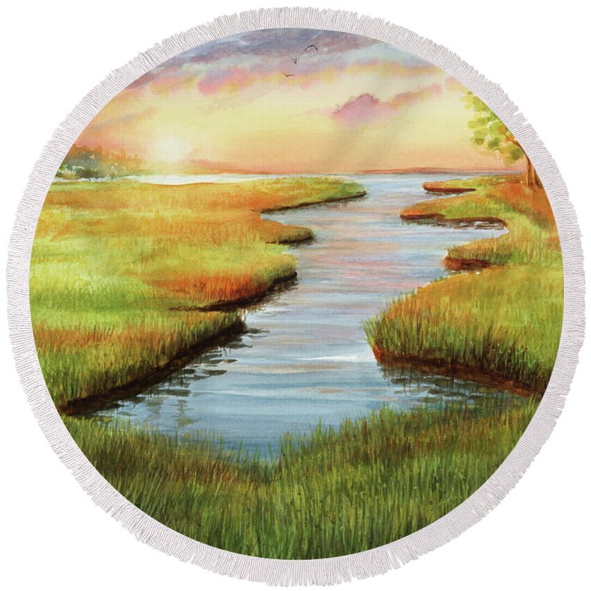 Sunset At Mill Creek Watercolor Round Beach Towel featuring the painting Sunset at Mill Creek Watercolor by Michelle Constantine