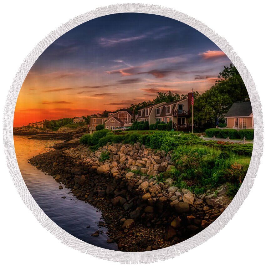 Perkins Cove Round Beach Towel featuring the photograph Sunset at Perkins Cove by Penny Polakoff