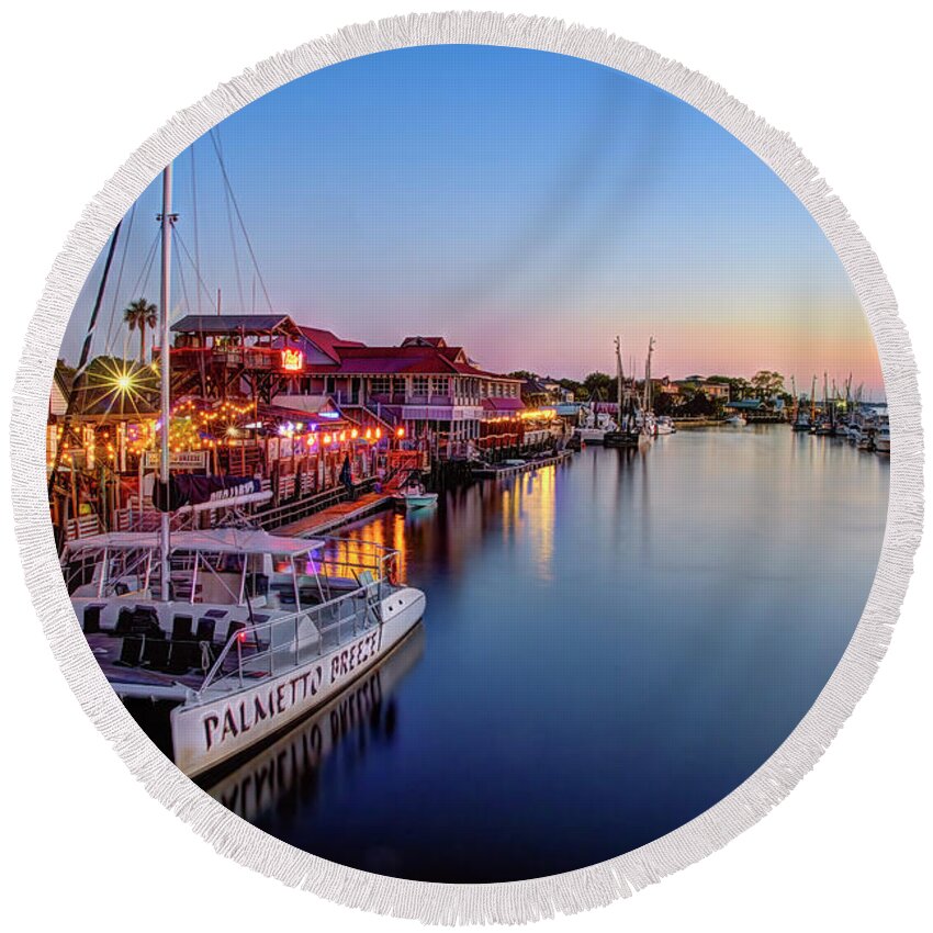 Shem Creek Round Beach Towel featuring the photograph Sunset at Shem Creek by Shelia Hunt