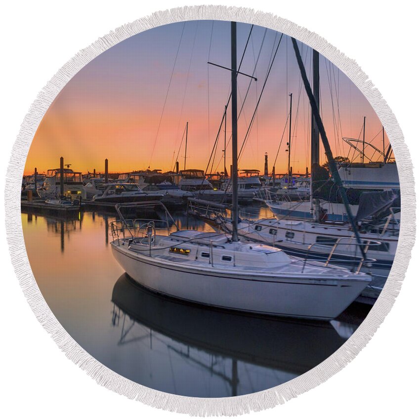 Twilight Round Beach Towel featuring the photograph Sunset at the Harbor by James Woody