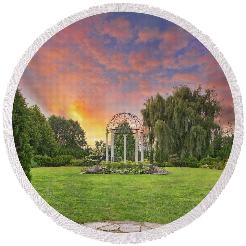 August Garden Round Beach Towel featuring the photograph Sunset at the Temple of Love by Marilyn Cornwell