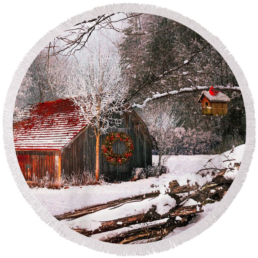 Barn Round Beach Towel featuring the photograph Sunset Barn in the Snow by Debra and Dave Vanderlaan