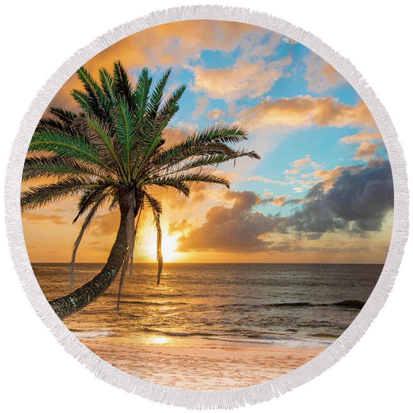 Sunset Beach Golden Palm Round Beach Towel featuring the photograph sunset Beach golden Palm by Leonardo Dale