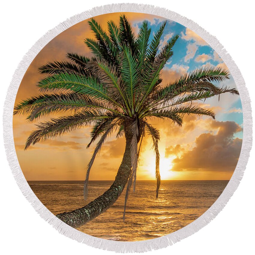 Sunset Beach Oahu Hawaii Palm Tree Round Beach Towel featuring the photograph Sunset Beach Oahu Hawaii by Leonardo Dale
