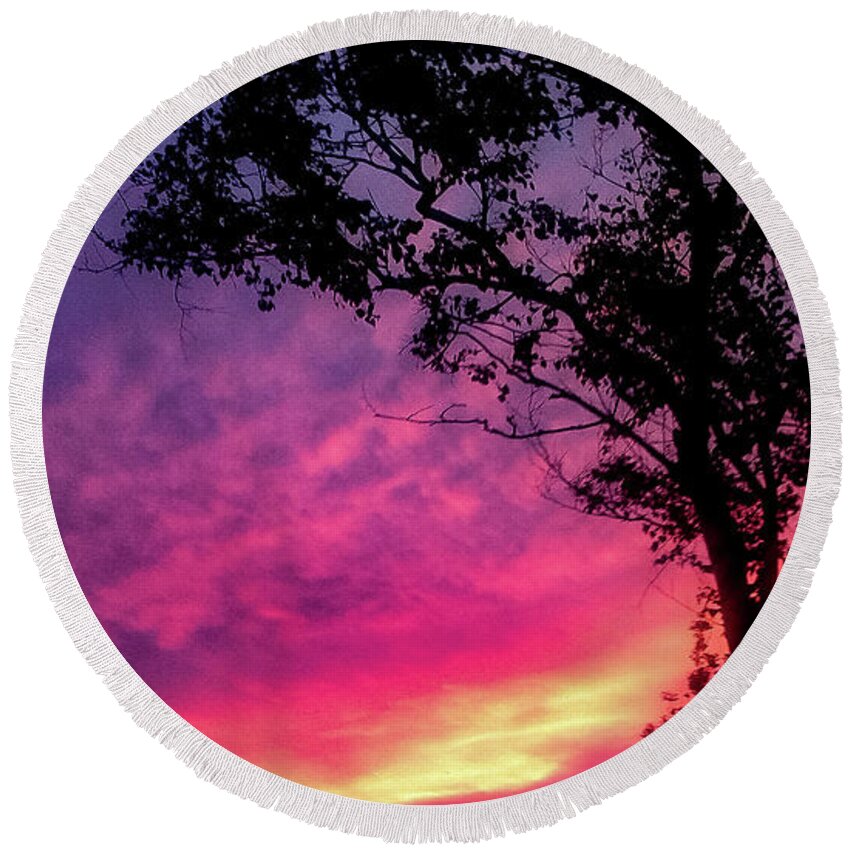 Landscape  Sunset   Round Beach Towel featuring the photograph Sunset behind a tree by Kelsea Peet