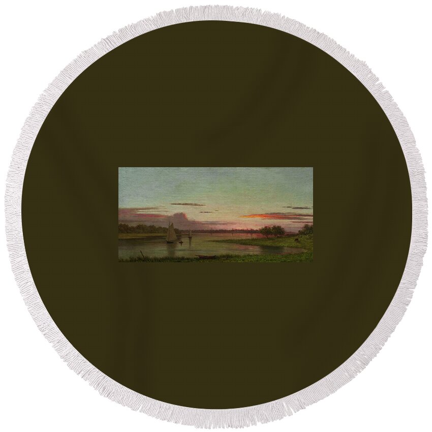 Black Rock Round Beach Towel featuring the painting Sunset, Black Rock, Connecticut by Martin Johnson Heade