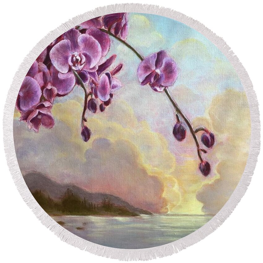 Orchids Round Beach Towel featuring the painting Sunset Blooms by Vina Yang