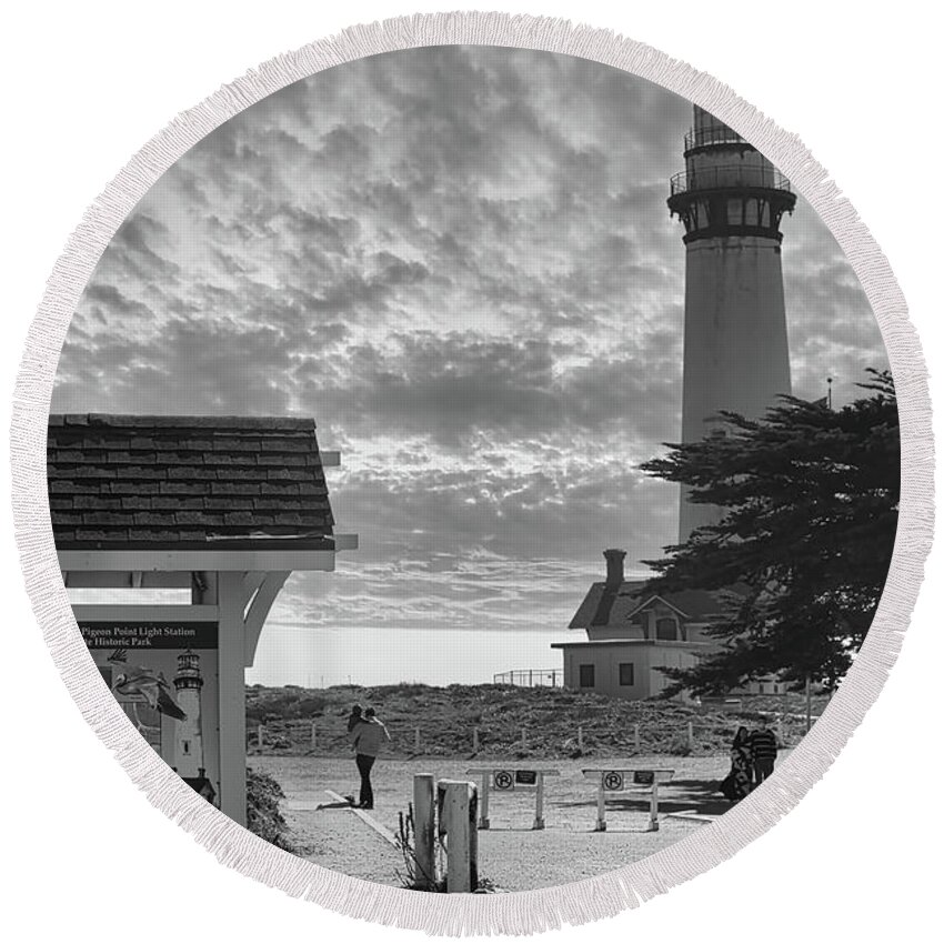 California Round Beach Towel featuring the photograph Sunset California Pigeon Point Lighthouse BW by Chuck Kuhn