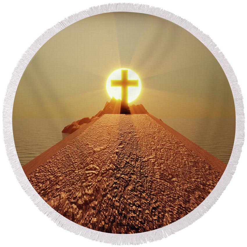 Jesus Round Beach Towel featuring the digital art Sunset Cross by James Smullins
