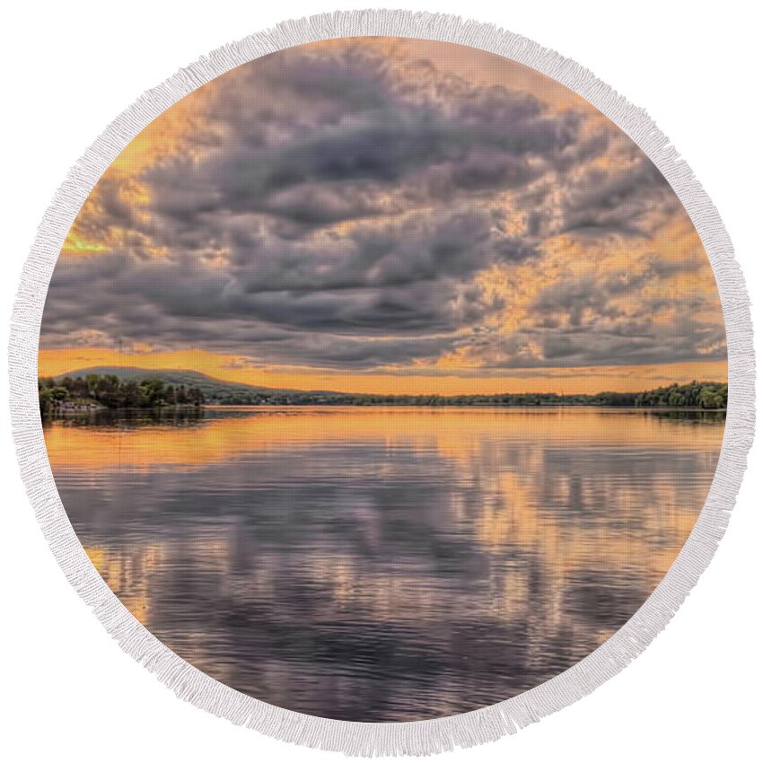 Weather Round Beach Towel featuring the photograph Sunset Cumulus Clouds Over Lake Wausau by Dale Kauzlaric