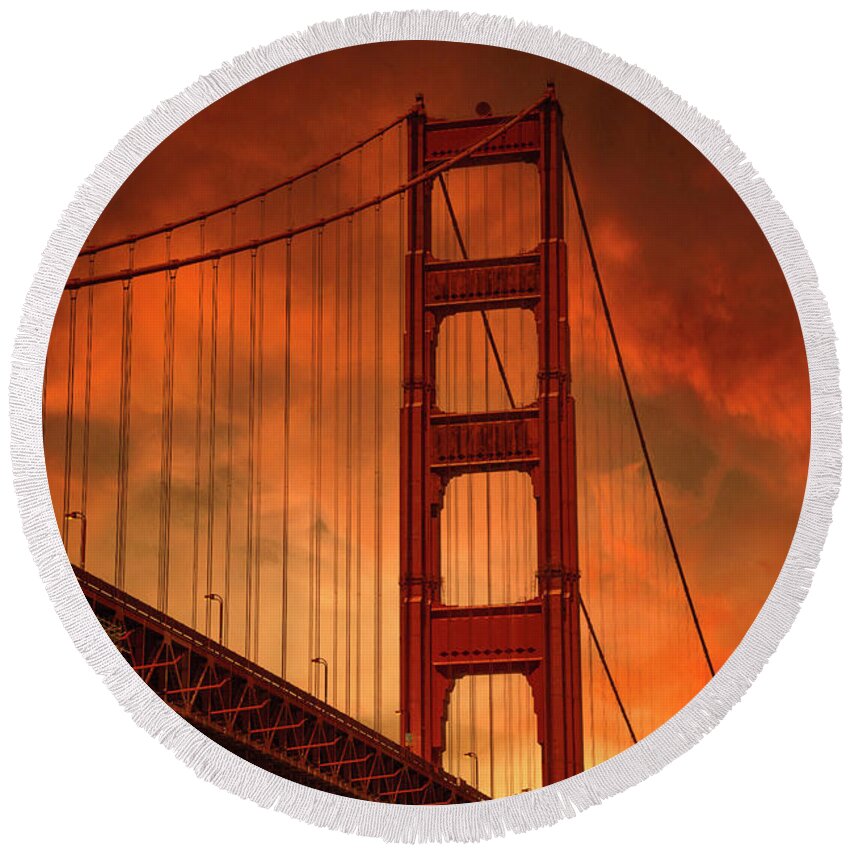 Golden Gate Bridge Round Beach Towel featuring the photograph Sunset Drama at the Golden Gate Bridge by Bonnie Follett