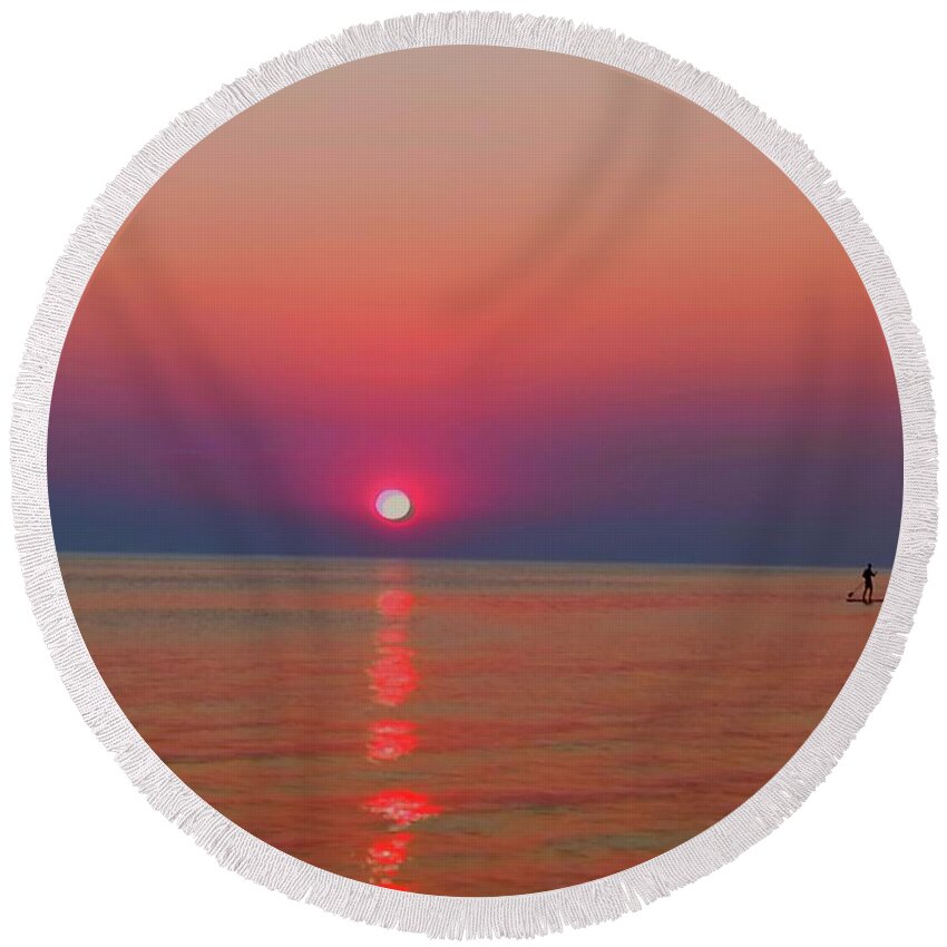 Paddle Boarding Round Beach Towel featuring the photograph Sunset Dreams And Paddleboarder by Leonida Arte