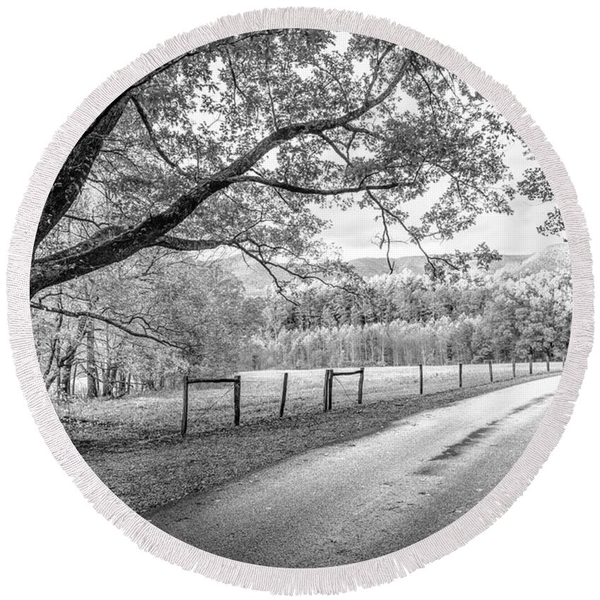 Black Round Beach Towel featuring the photograph Sunset in Cades Cove Black and White by Debra and Dave Vanderlaan