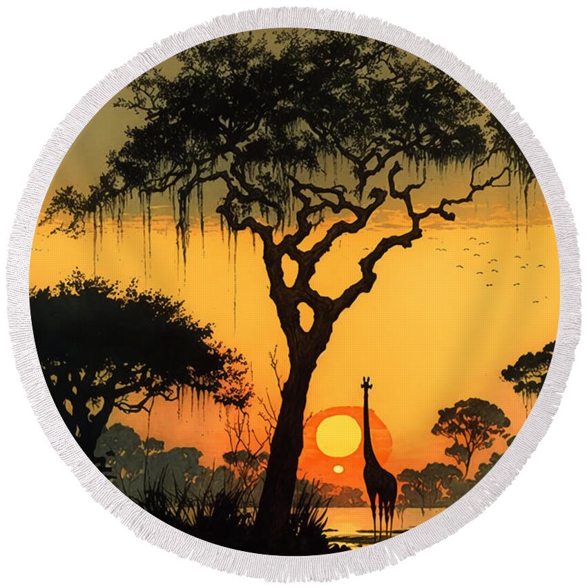 Africa Round Beach Towel featuring the digital art Sunset in savannah by Kai Saarto