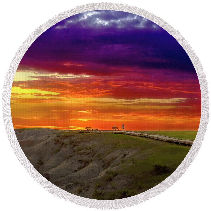Sunset Round Beach Towel featuring the photograph Sunset in the Badlands by Nick Zelinsky Jr