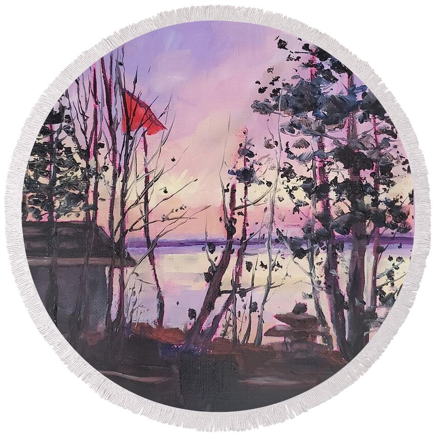Landscape Round Beach Towel featuring the painting Sunset Lakeside by Sheila Romard