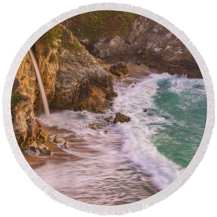 Waterfall Round Beach Towel featuring the photograph Sunset Light at McWay Falls by Darren White