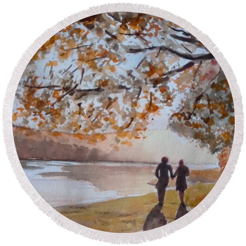 Landscape Round Beach Towel featuring the painting Sunset Lovers by Sandie Croft