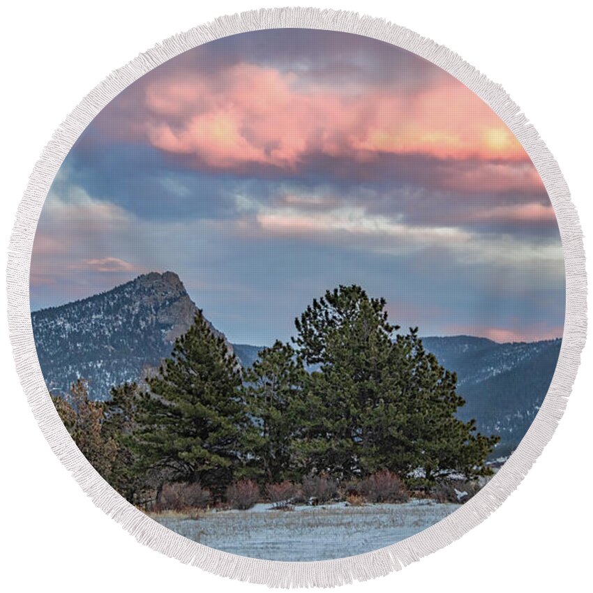 Colorado Round Beach Towel featuring the photograph Sunset Magic in the Winter Sky, Rocky Mountain National Park by Marcy Wielfaert