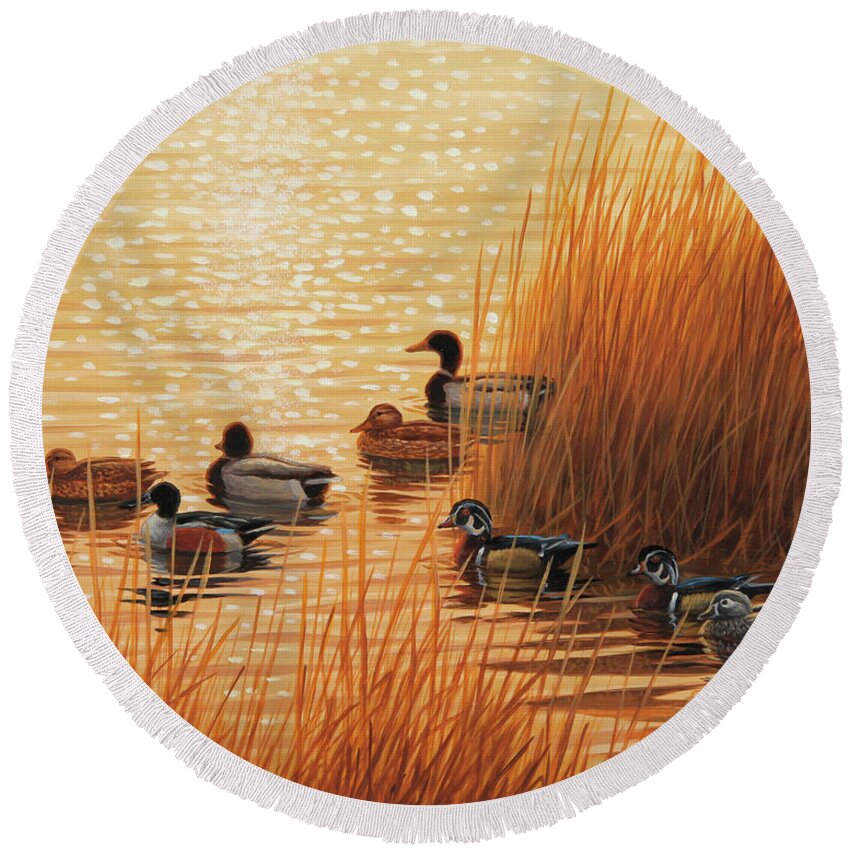 Ducks Round Beach Towel featuring the painting Sunset Mixer by Guy Crittenden