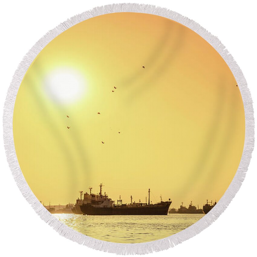 Asia Round Beach Towel featuring the photograph Sunset on the Karnaphuli River by Alexey Stiop