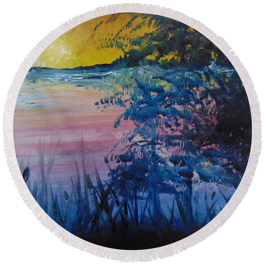 Lake Round Beach Towel featuring the painting Sunset on the Lake by Saundra Johnson