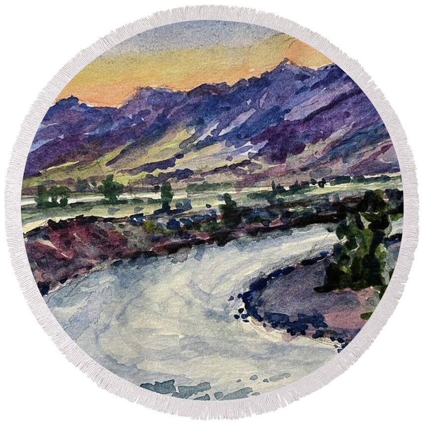 Yellowstone River Round Beach Towel featuring the painting Sunset on the Yellowstone by Les Herman