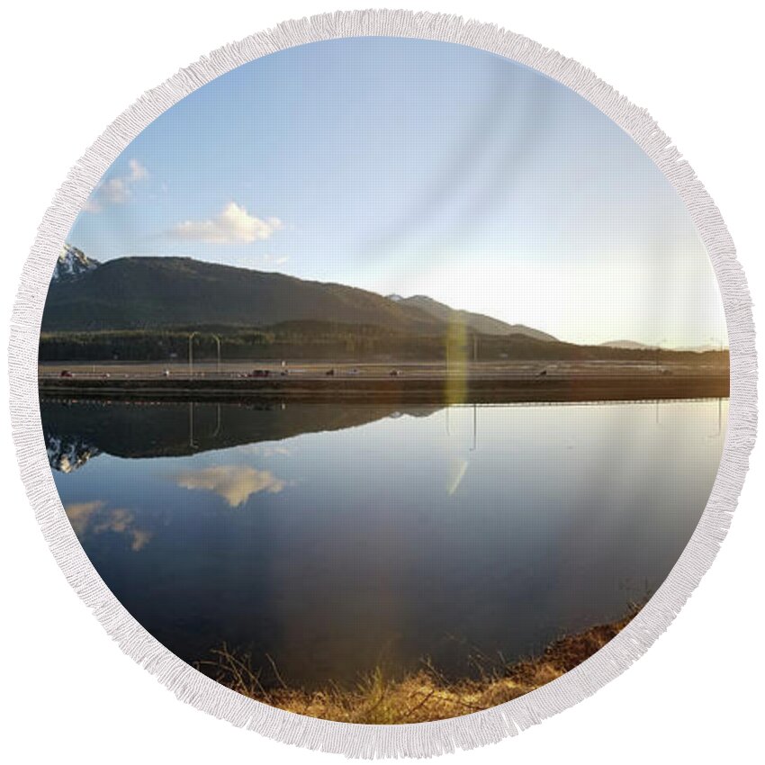 #alaska #juneau #ak #cruise #tours #vacation #peaceful #reflection #twinlakes #douglas #capitalcity #clearskies #postcard #evening #dusk #sunset #panorama #egandrive #sunset Round Beach Towel featuring the photograph Sunset on Twin Lakes by Charles Vice