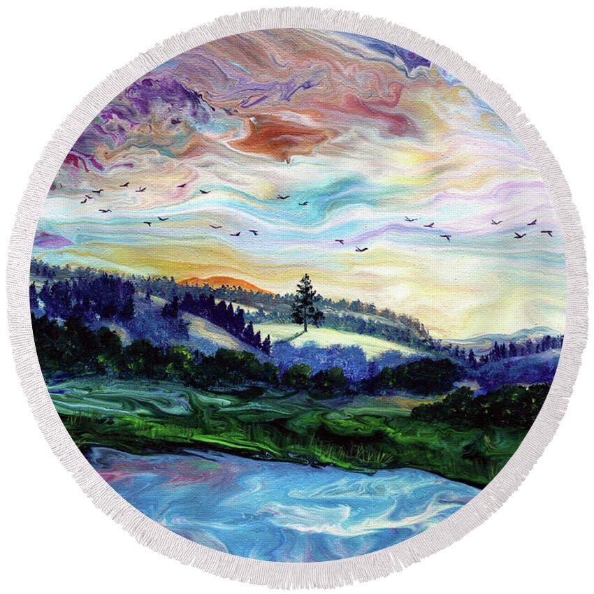 Sunset Round Beach Towel featuring the painting Sunset Over a Distant Tree by Laura Iverson