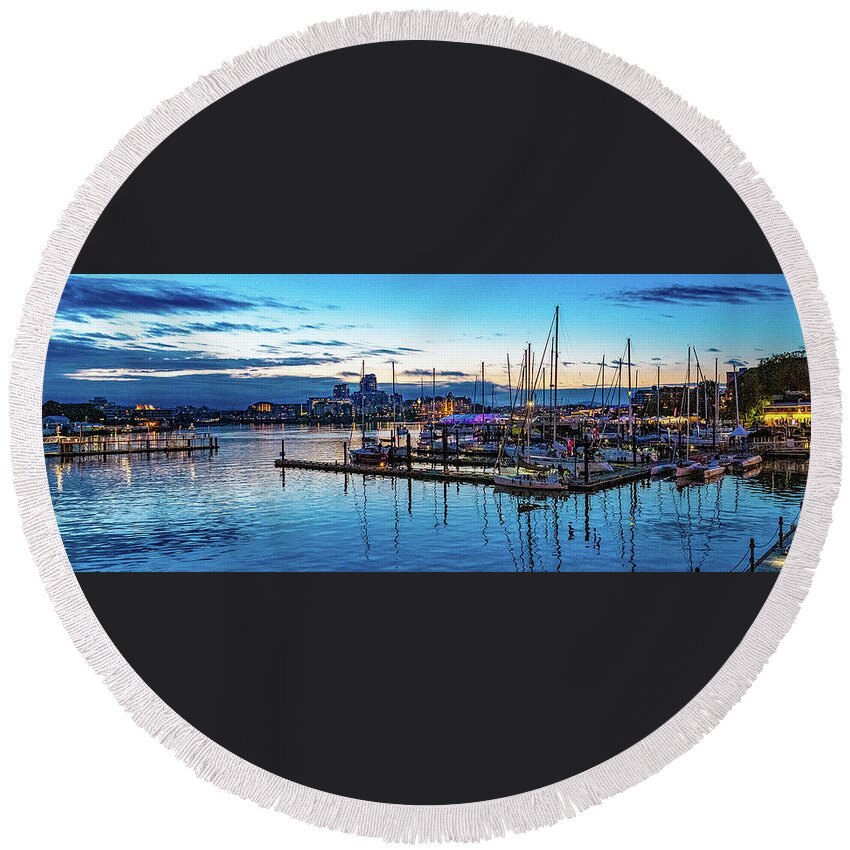 Sunset Round Beach Towel featuring the digital art Sunset over a Harbor in Victoria British Columbia by SnapHappy Photos