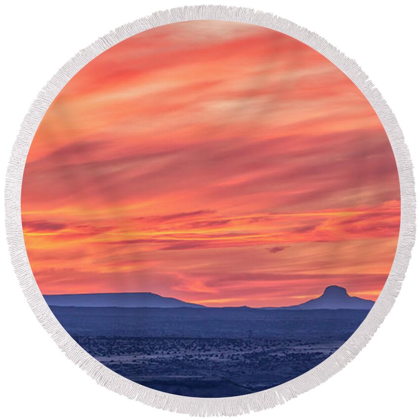 Caldera Round Beach Towel featuring the photograph Sunset Over Cabezon Peak by Jurgen Lorenzen