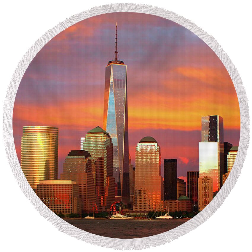 Photographs Round Beach Towel featuring the photograph Sunset over Downtown Manhattan by Habib Ayat